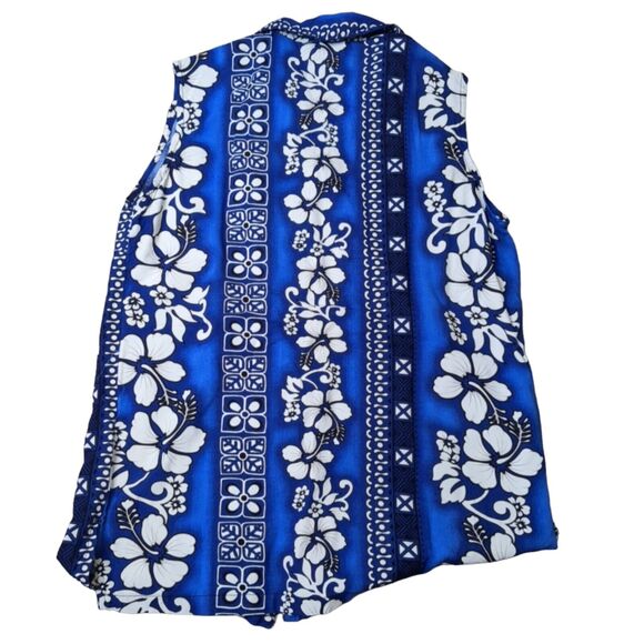 VTG Blue Sky Hawaiian Floral 100% Rayon Button Up Collared Sleeveless Blouse M - Picture 3 of 4